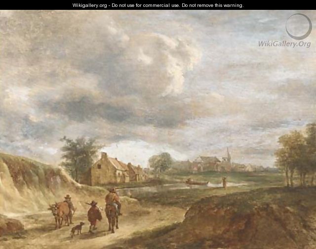 A river landscape with travellers on a track, a town beyond - (after) David The Younger Teniers