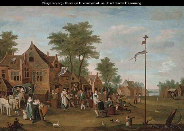 A river landscape with peasants merry-making outside an inn - (after) David The Younger Teniers