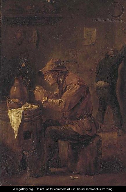 A peasant smoking in a tavern - (after) David The Younger Teniers
