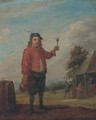 A peasant holding a jug and a roemer of wine near an inn - (after) David The Younger Teniers