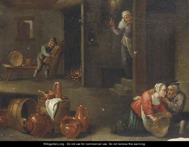 A peasant couple in an interior, with kitchen utensils in the lower foreground - (after) David The Younger Teniers
