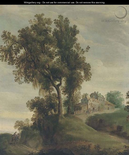 A partly wooded landscape with travellers on a track near a village - (after) Domenico Fetti
