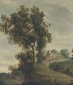 A partly wooded landscape with travellers on a track near a village - (after) Domenico Fetti