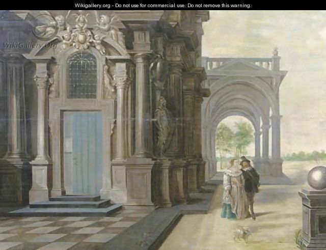 A fantastical palace with an elegant couple walking in front of a portico - (after) Dirck Van Delen