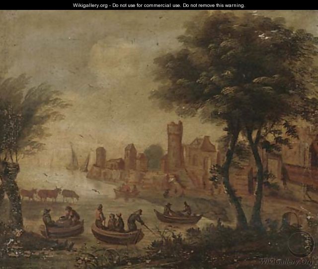 A riverside town with anglers in boats - (after) Dirck Verhaert