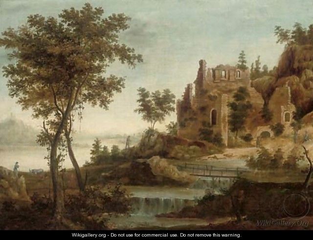 A river landscape with figures and ruins by a waterfall - (after) Dirck Verhaert