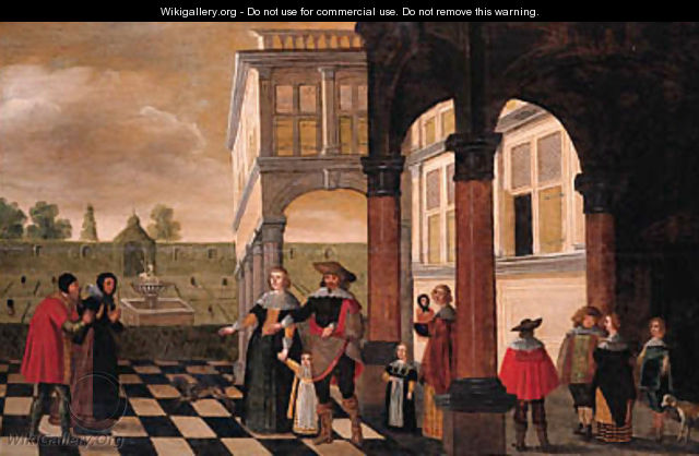One of the Seven Acts of Mercy a family welcoming an elderly couple in the portico of a palatial mansion - (after) Dirck Van Deelen