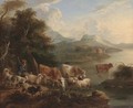 A river landscape with a shepherd, his flock and other cattle on the bank - (after) Dirck Van Bergen