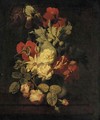 Roses and other flowers in a vase on a ledge - (after) Elias Van Den Broeck