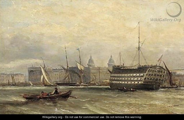 A three-decker lying on the Thames before Greenwich - (after) Edward William Cooke