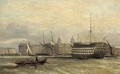 A three-decker lying on the Thames before Greenwich - (after) Edward William Cooke