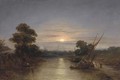 Barges on the Thames at dusk, with Windsor Castle beyond - (after) Edward Charles Williams