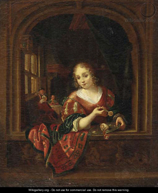 A young woman, standing at a stone window, holding a knife with a slice of lemon above a pewter dish - (after) Dominicus Van Tol
