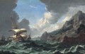 Dutch shipping in choppy waters with a rocky coastal landscape and mountains beyond - (after) Bonaventura, The Elder Peeters