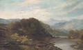 Cattle and figures by a lake in an extensive Welsh landscape - (after) Benjamin Williams Leader
