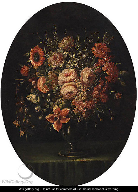 Roses, Carnations, Tulips and other Flowers in a glass Vase on a Ledge - (after) Bartolome Perez