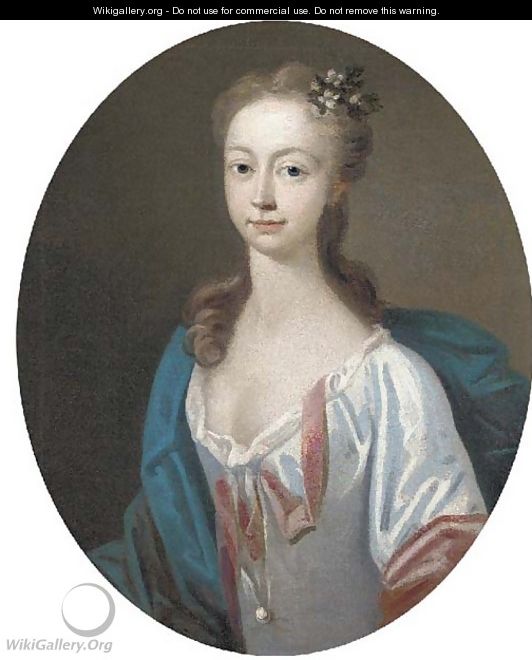 Portrait of a lady in a white dress and blue cape, feigned oval - (after) Bartholomew Dandridge