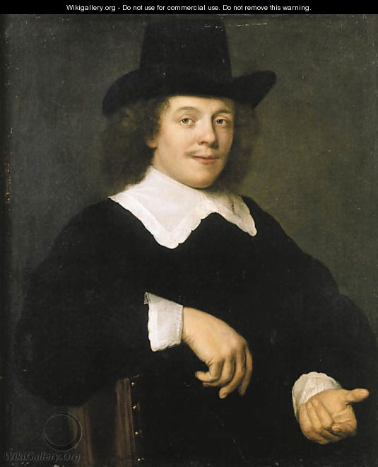 Portrait of a gentleman, seated half length, wearing black costume with lace collar and cuffs and black hat - (after) Bartholomeus Van Der Helst