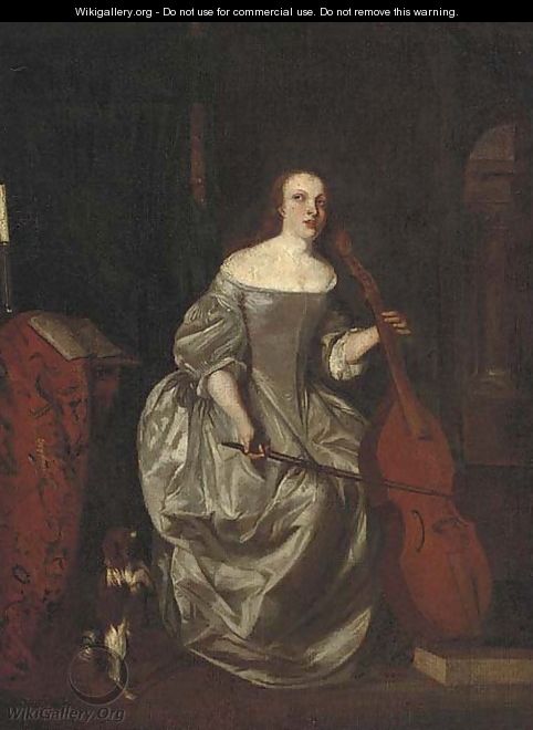 A lady playing a cello in an interior with a dog at her side - (after) Caspar Netscher