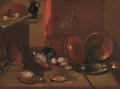 Dead songbirds, onions and kitchen utensils on a wooden table by a curtain - (after) Carlo Magini