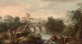 An Italianate wooded river landscape with fishermen in a boat and figures on a bridge beyond - (after) Carlo Bonavia