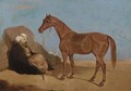 An Arab smoking a pipe, a horse to his side - (after) Leopold Carl Muller