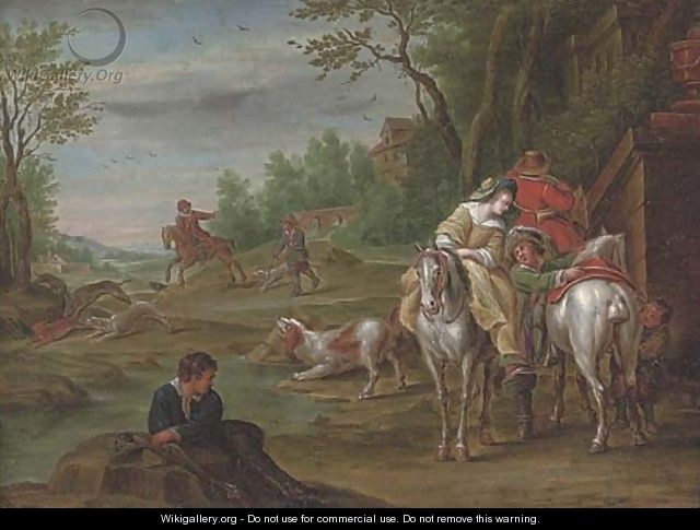 A wooded river landscape with a hunting party on a track - (after) Carel Van Falens Or Valens