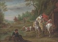 A wooded river landscape with a hunting party on a track - (after) Carel Van Falens Or Valens