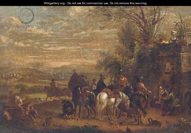 A landscape with a hawking party halted by a fountain - (after) Carel Van Falens Or Valens