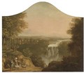 An extensive river landscape with a shepherd and his flock by a waterfall - (after) Claude Lorrain (Gellee)