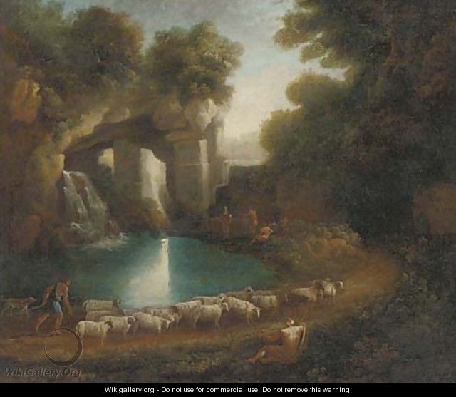 A wooded clearing with a shepherd and his flock and anglers by a waterfall beneath classical ruins - (after) Claude Lorrain (Gellee)