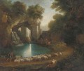 A wooded clearing with a shepherd and his flock and anglers by a waterfall beneath classical ruins - (after) Claude Lorrain (Gellee)