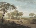 A drover on a path by a cottage in an extensive landscape - (after) Charles Towne