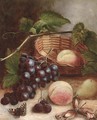 Grapes, peaches, a pear and cobb nuts with a basket on a table - (after) Charles Thomas Bale