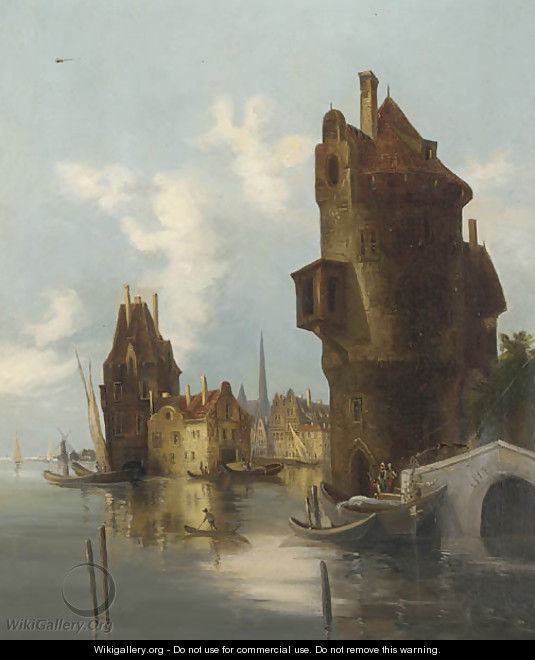 River traffic off a Dutch town - (after) Cornelis Springer
