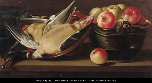 Apples in a basket with a dead duck in an earthenware bowl on a wooden ledge - (after) Cornelis Jacobsz. Delff