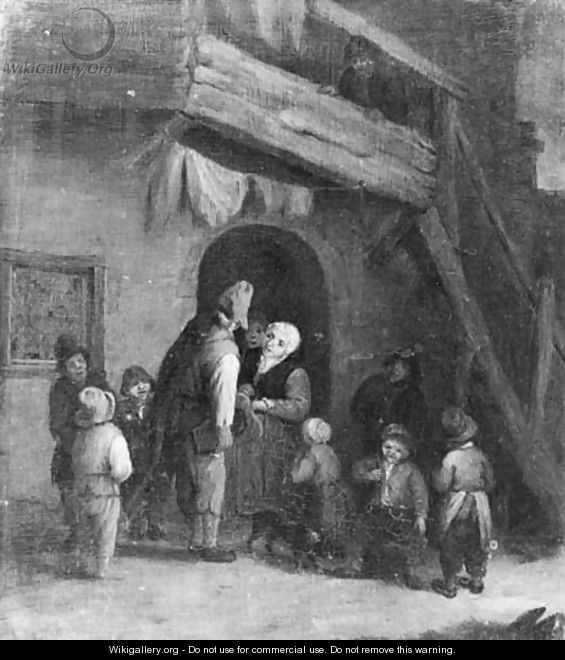 A hurdy-gurdy player accompanied by children by a farm - (after) Cornelis Dusart