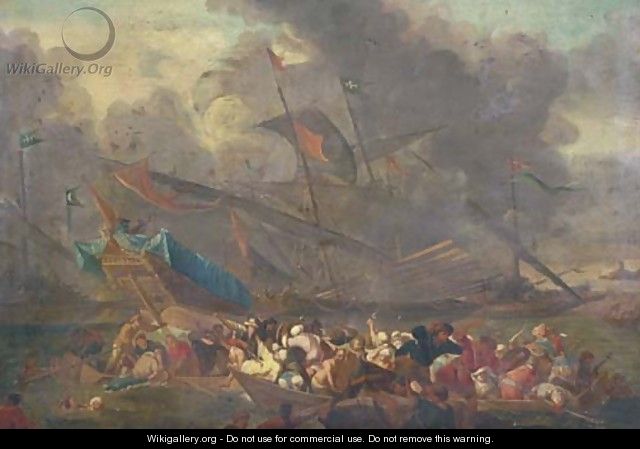 A naval battle between an Ottoman and a Christian fleet - (after) Cornelis De Wael