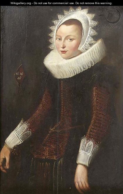 Portrait of a lady, standing three quarter length, wearing a gold embroidered red dress with molenkraag - (after) Cornelis De Vos