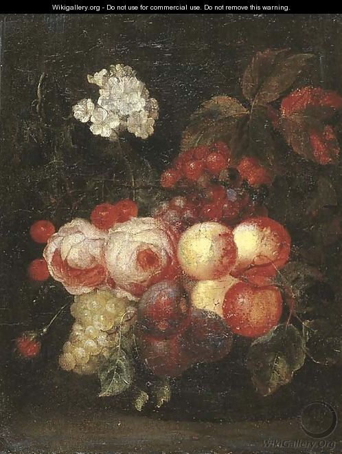 Roses, peaches, plums, bunches of grapes, cherries and flowers on a ledge - (after) Cornelis De Heem