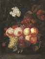 Roses, peaches, plums, bunches of grapes, cherries and flowers on a ledge - (after) Cornelis De Heem