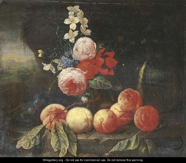 Peaches and grapes with roses and other flowers in a glass vase on a stone ledge in a landscape - (after) Cornelis De Heem
