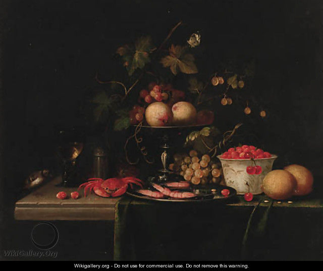Grapes on a vine with gooseberries in a tazza, prawns in a pewter dish - (after) Cornelis De Heem