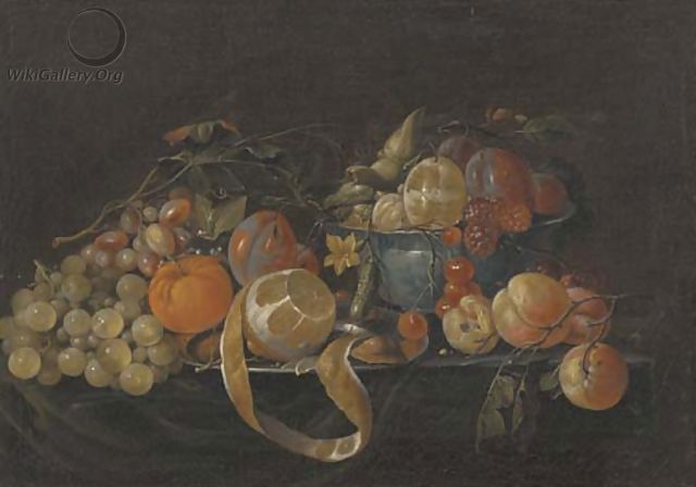 A partly-peeled lemon on a pewter plate - (after) Cornelis De Heem