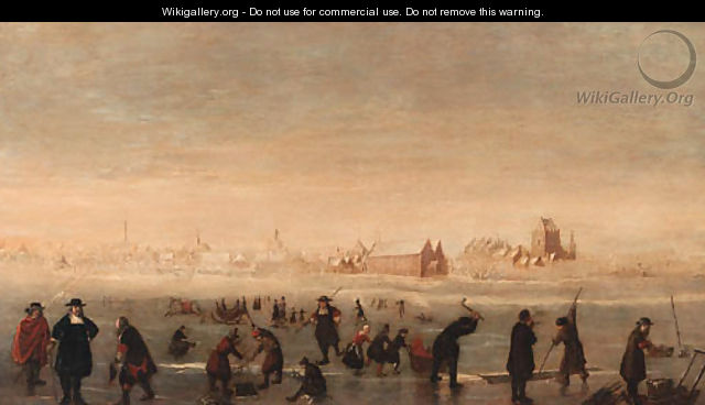 Kolfers, skaters and elegant townsfolk on a frozen waterway, a town beyond - (after) Cornelis Beelt