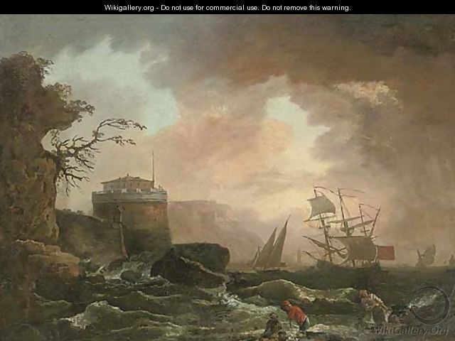 A Mediterranean coastline with shipping in rough seas and fishermen beneath a castle - (after) Claude-Joseph Vernet