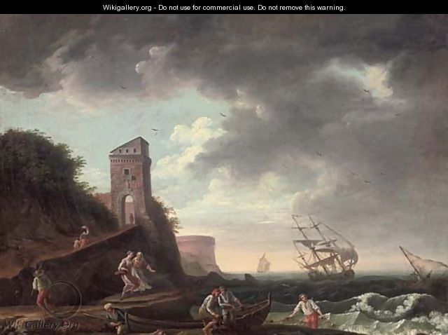 A Mediterranean coastal inlet with fishermen and their catch, shipping beyond - (after) Claude-Joseph Vernet