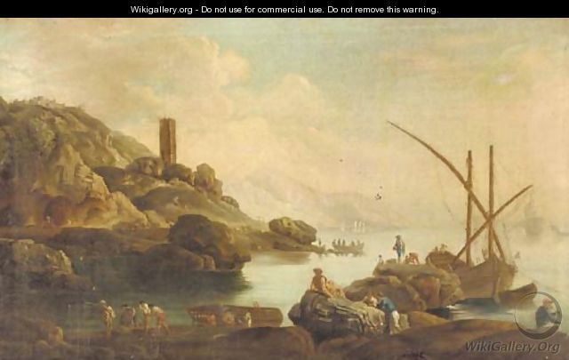 A Mediterranean coastal inlet with fisherfolk on a shoreline 2 - (after) Claude-Joseph Vernet