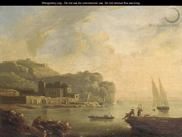 A Mediterranean coastal inlet with fisherfolk in a boat - (after) Claude-Joseph Vernet
