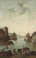 A Mediterranean coastal inlet with a fortified town, figures fishing in the foreground and a ship beyond; and A Mediterranean coastal inlet with a for - (after) Claude-Joseph Vernet